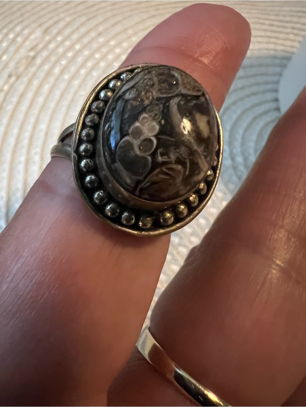 Antique Turritella Agate Fossil Gemstone Sterling Silver Statement Ring - Picture 2 of 9